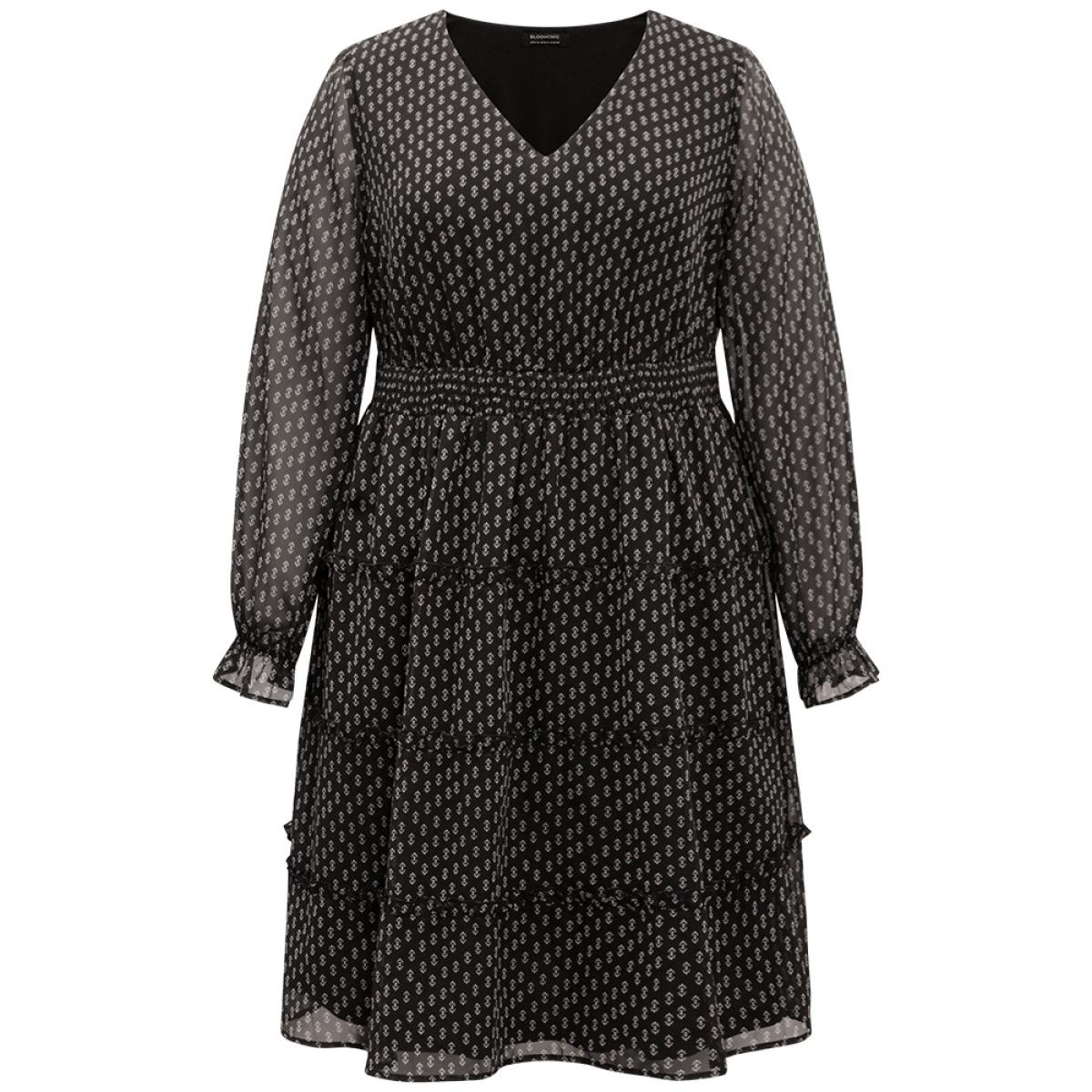 Plus Size Geometric Shirred Mesh Frill Trim Dress BlackFlower Women At the Office See through V-neck Long Sleeve Curvy Midi Dress BloomChic 18-20/2X Product Image