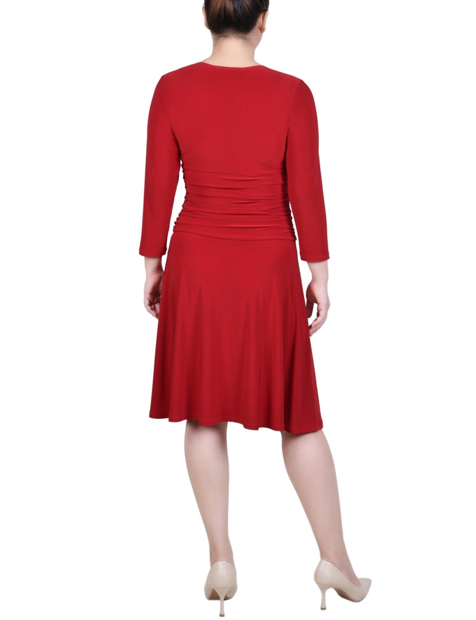 Cherry Red 3/4 Sleeve Rouched-Waist Dress - Petite Product Image