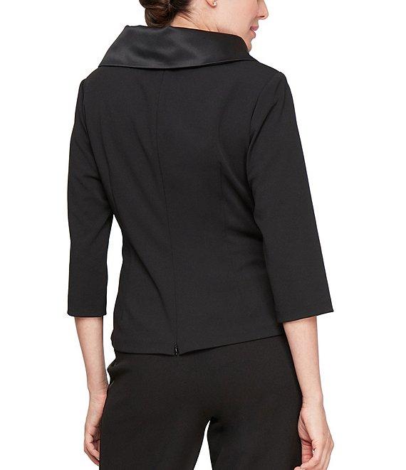 Alex Evenings Satin Collared V Neck 3/4 Sleeve Tie Waist Crepe Blouse Product Image