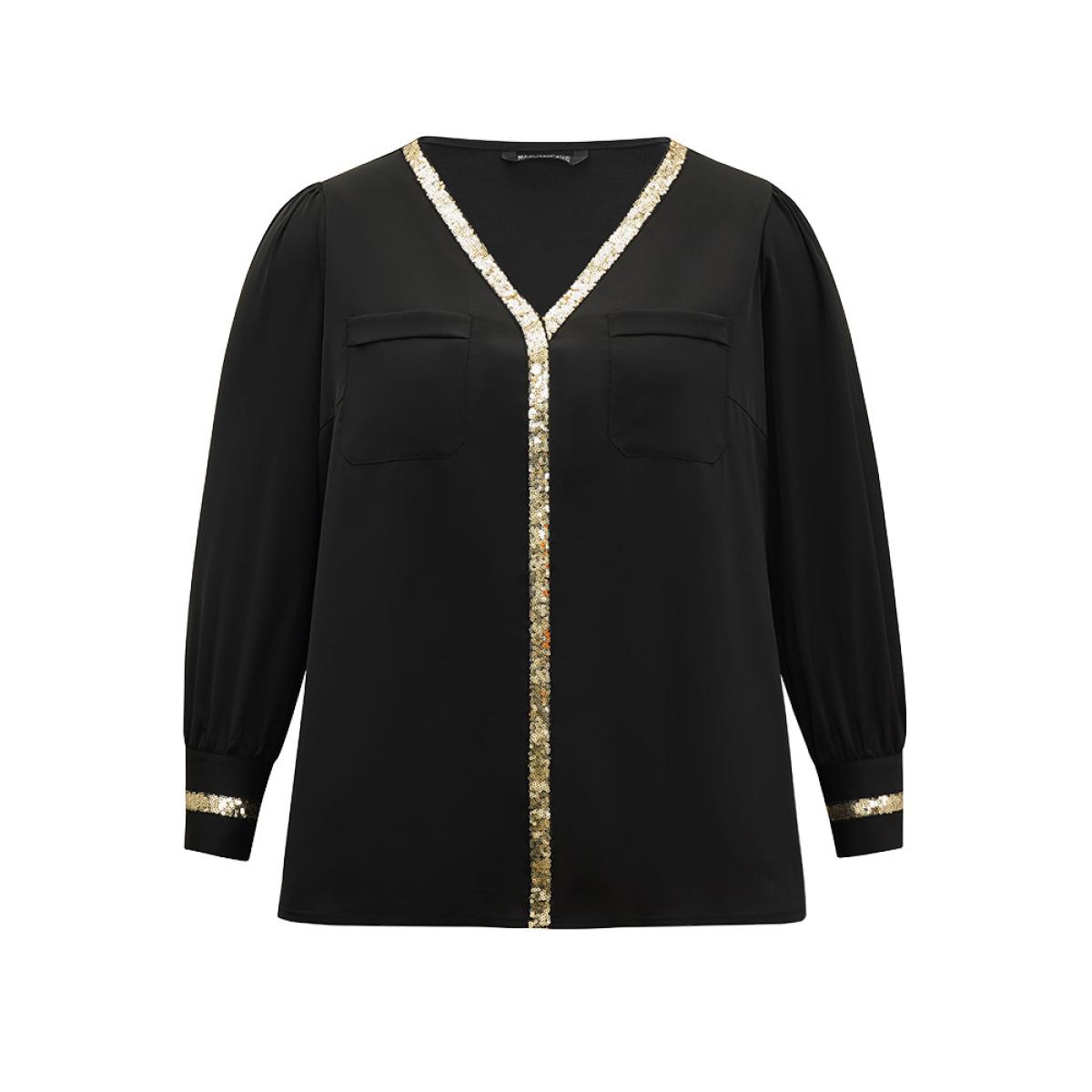Plus Size Black Sequin Patchwork V Neck Blouse Women Glamour Long Sleeve V-neck Party Blouses BloomChic 28/5X Product Image
