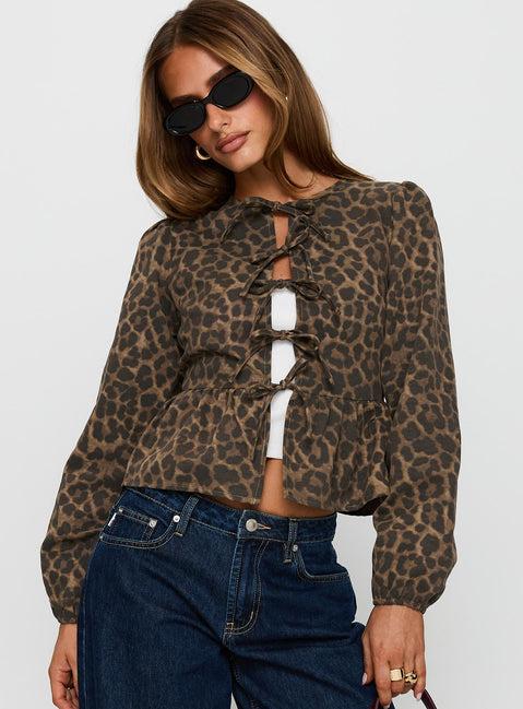 Recognize Tie Detail Long Sleeve Top Leopard Product Image