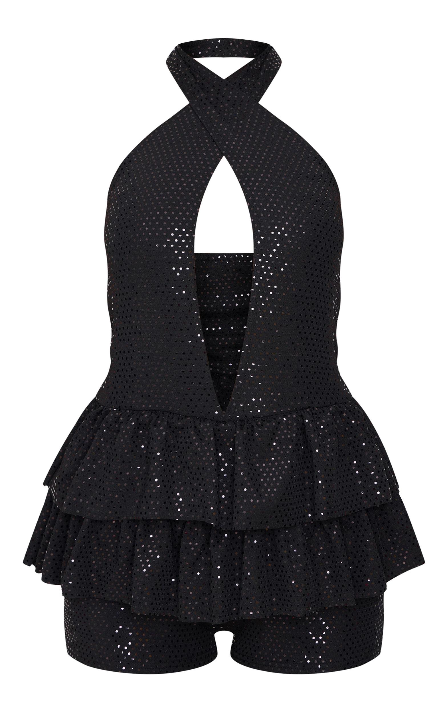Black Glitter Sequin Halterneck Rara Skort Romper Product Image