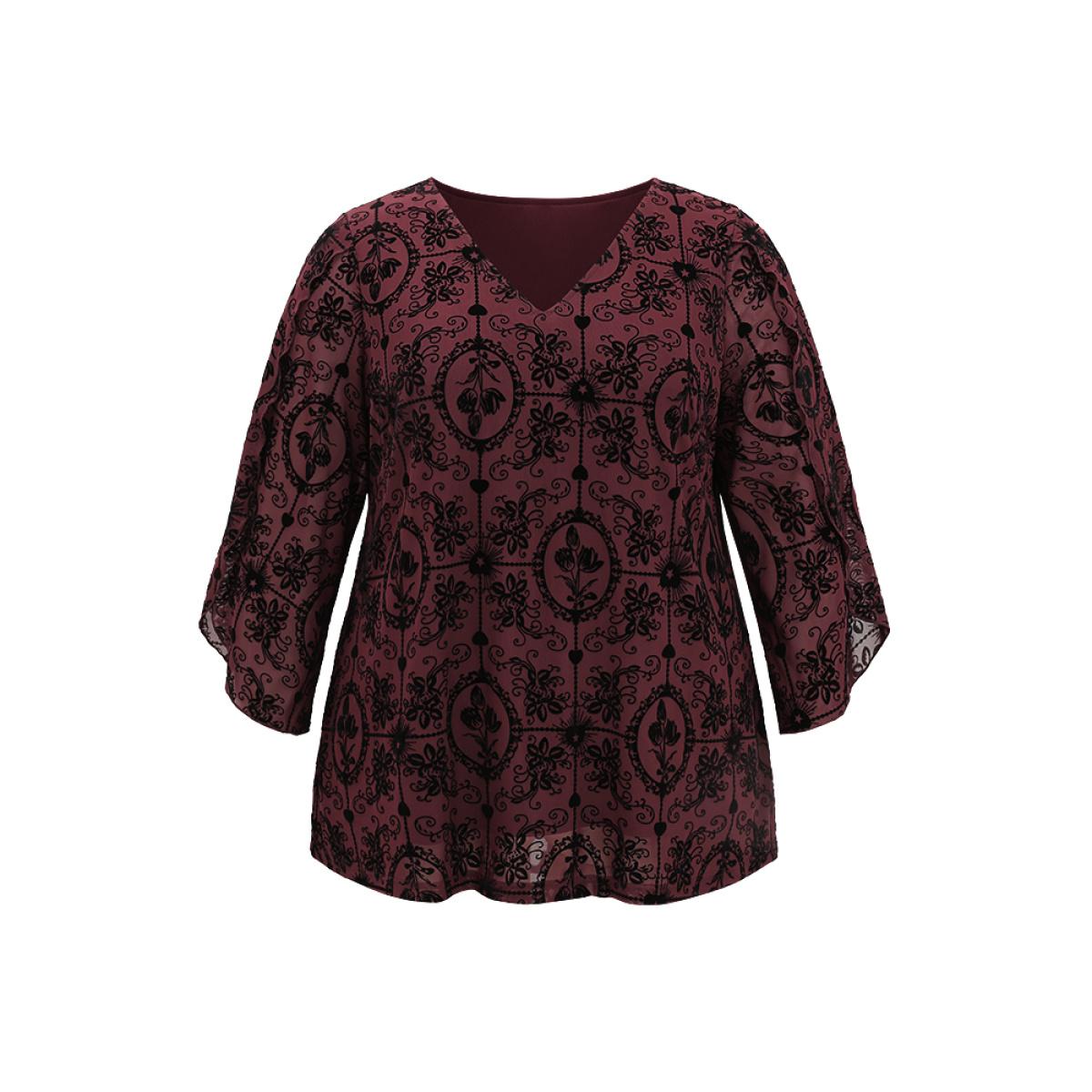 Plus Size Scarlet Silhouette Floral Print V Neck Petal Sleeve Blouse Women Elegant Elbow-length sleeve V-neck Dailywear Blouses BloomChic 22-24/3X Product Image