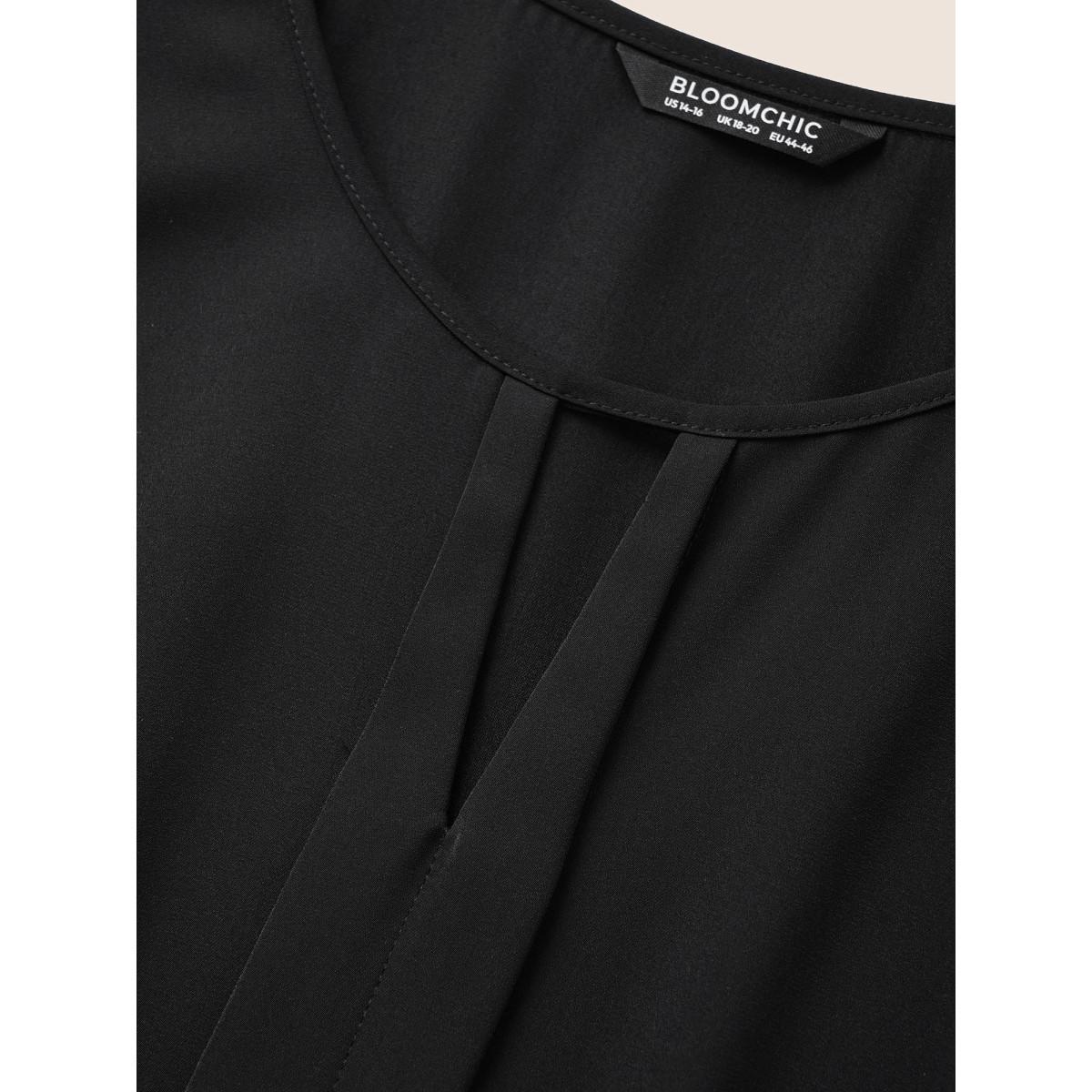 Plus Size Black Solid Keyhole Petal Sleeve Pleated Blouse Women Work From Home Short sleeve Notched collar Work Blouses BloomChic 14-16/1X Product Image