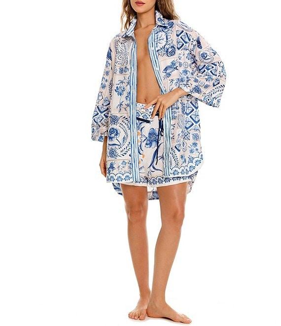 Agua Bendita Chrissy Azure Printed Point Collar 3/4 Sleeve Button Down Shirt Product Image