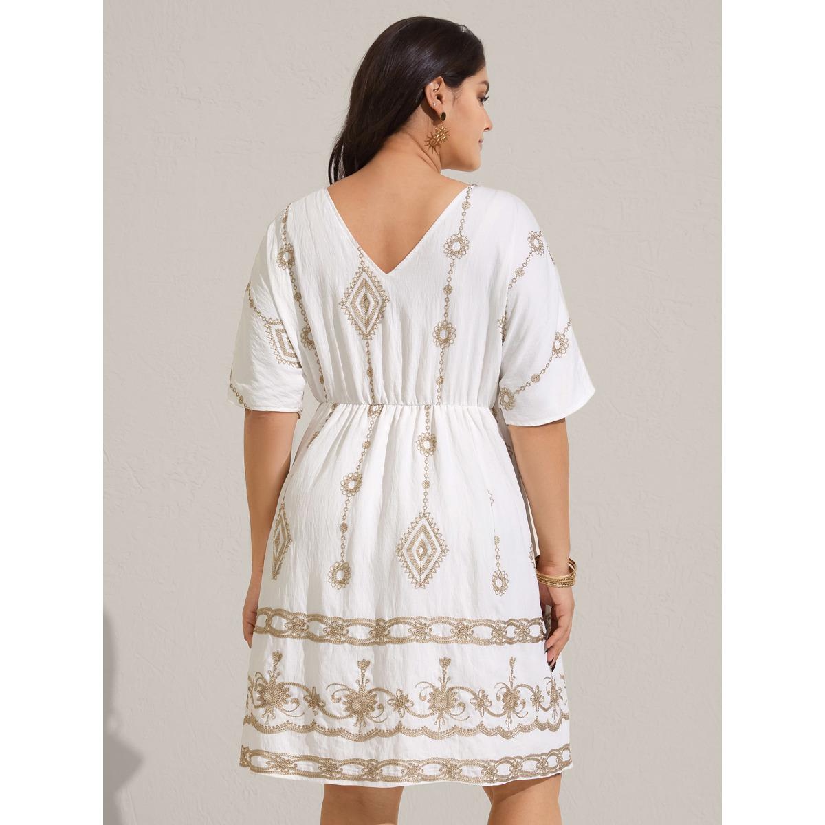 Plus Size Boho Embroidered Waist Tie Midi Dress Beige Women Boho V-neck Sleeveless Curvy BloomChic 22-24/3X Product Image