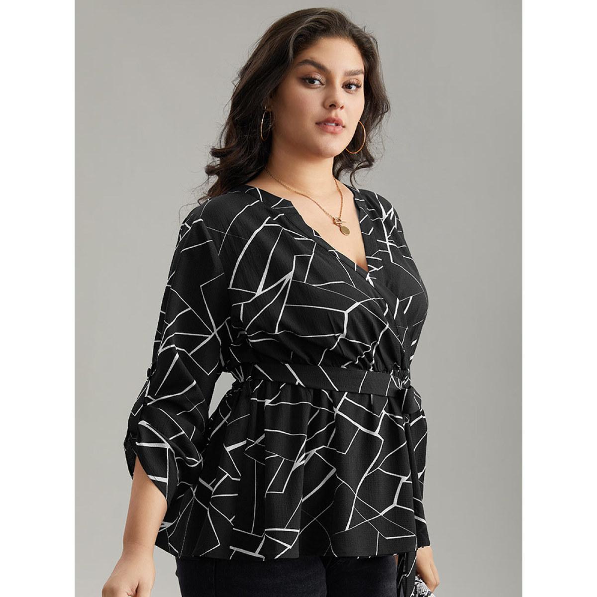 Plus Size Black Geometric Print Tab Sleeve Belted Wrap Blouse Women Office Long Sleeve V-neck Office Blouses BloomChic 30/6X Product Image