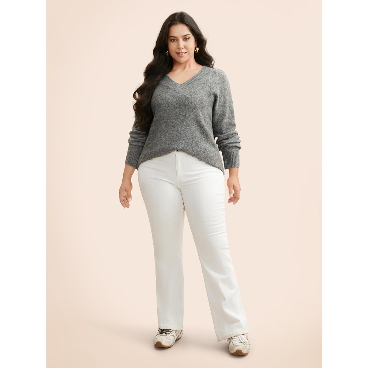 Plus Size Airy Cozy V Neck Drop Shoulder Pullover DimGray Women Casual Long Sleeve V-neck Everyday Pullovers BloomChic 12/L Product Image