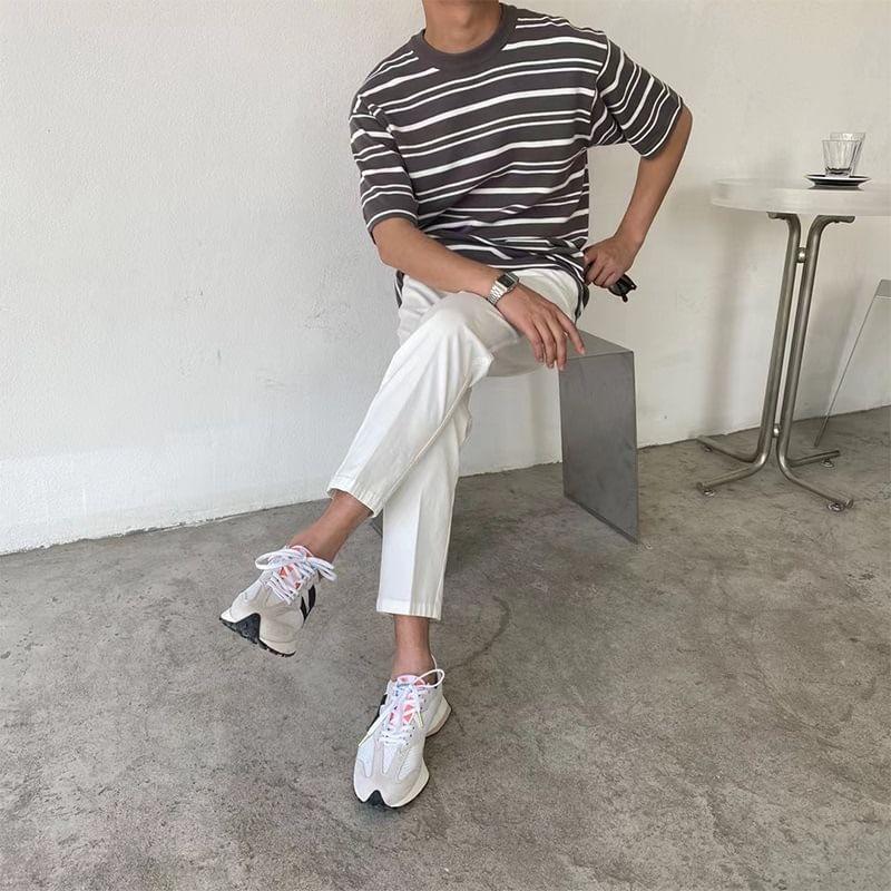 Short-Sleeve Crew Neck Striped Knit Top Product Image