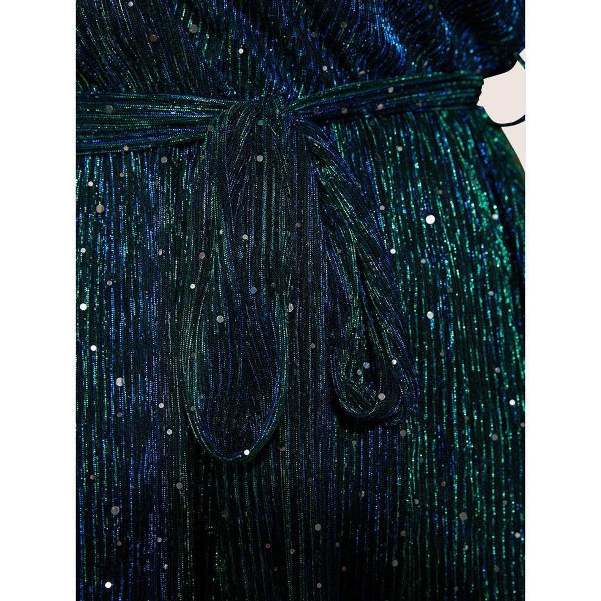 Plus Size Black Sequin Mesh Lantern Sleeve Wrap Belted Striped Blouse Women Party&Cocktail Long Sleeve Overlap Collar Party Blouses BloomChic 28/5X Product Image