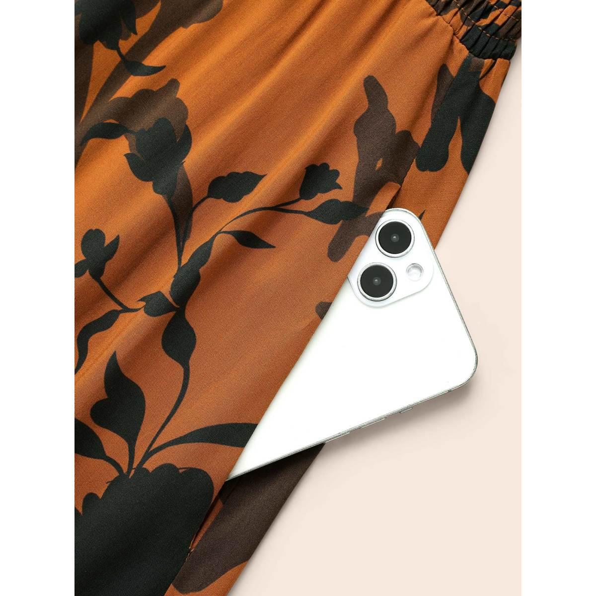 Plus Size Silhouette Floral Print Ruffle Sleeve Dress OrangeRed Women Elegant Shirred V-neck Half Sleeve Curvy BloomChic 22-24/3X Product Image