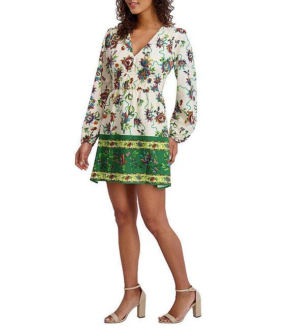 SIENA Floral Print V-Neck Long Sleeve Woven Shift Mini Dress Product Image