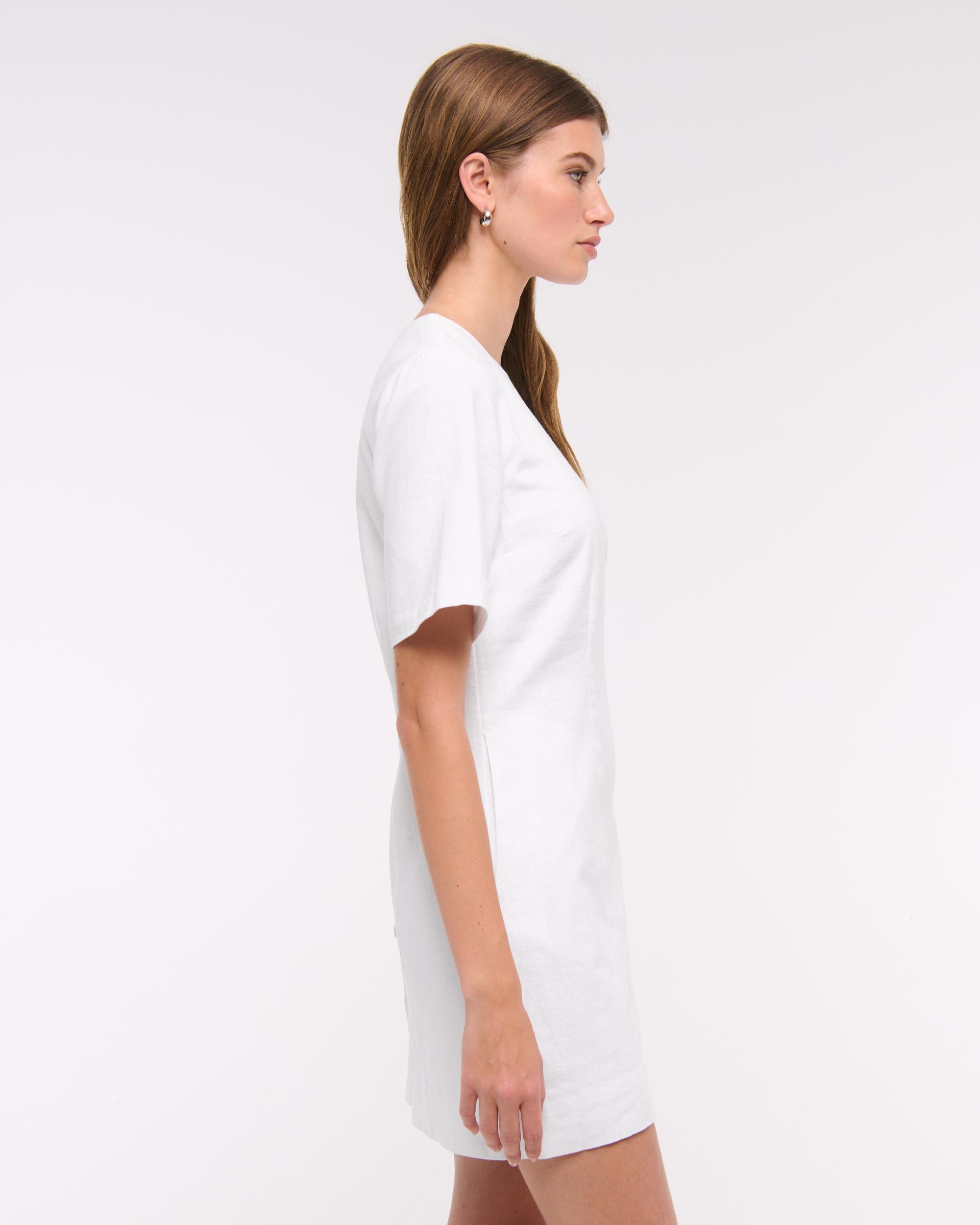 Short-Sleeve Linen-Blend Button Mini Dress Product Image