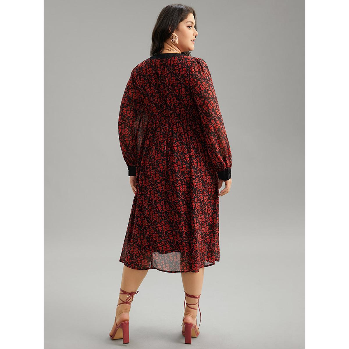 Plus Size Ditsy Floral Patchwork Elastic Waist Ties Dress Black Women Vacation Cross straps Tie Neck Long Sleeve Curvy Midi Dress BloomChic 28/5X Product Image