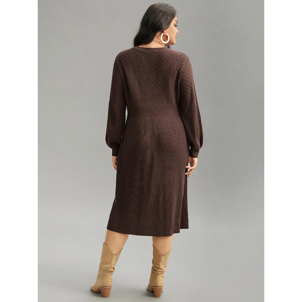 Plus Size A Line Waistline Inside Lantern Sleeve Sweater Dress DarkBrown Women Casual Loose Long Sleeve Dailywear Sweater Dresses BloomChic 30/6X Product Image