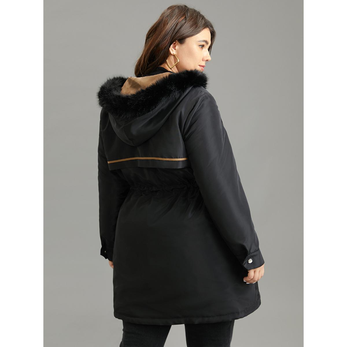Plus Size Contrast Drawstring Patchwork Zipper Fuzzy Trim Coat Women Black Casual Lined Ladies Dailywear Winter Coats BloomChic 28/5X Product Image