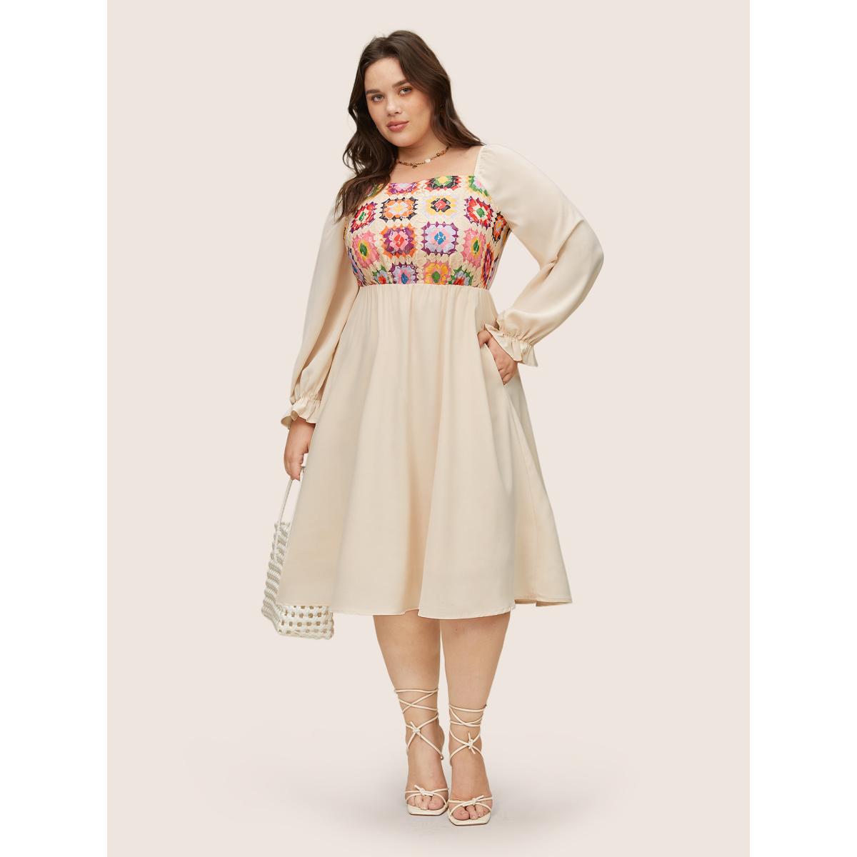 Plus Size Floral Patchwork Square Neck Gathered Dress Apricot Women Resort Texture Square Neck Long Sleeve Curvy Midi Dress BloomChic 14-16/1X Product Image