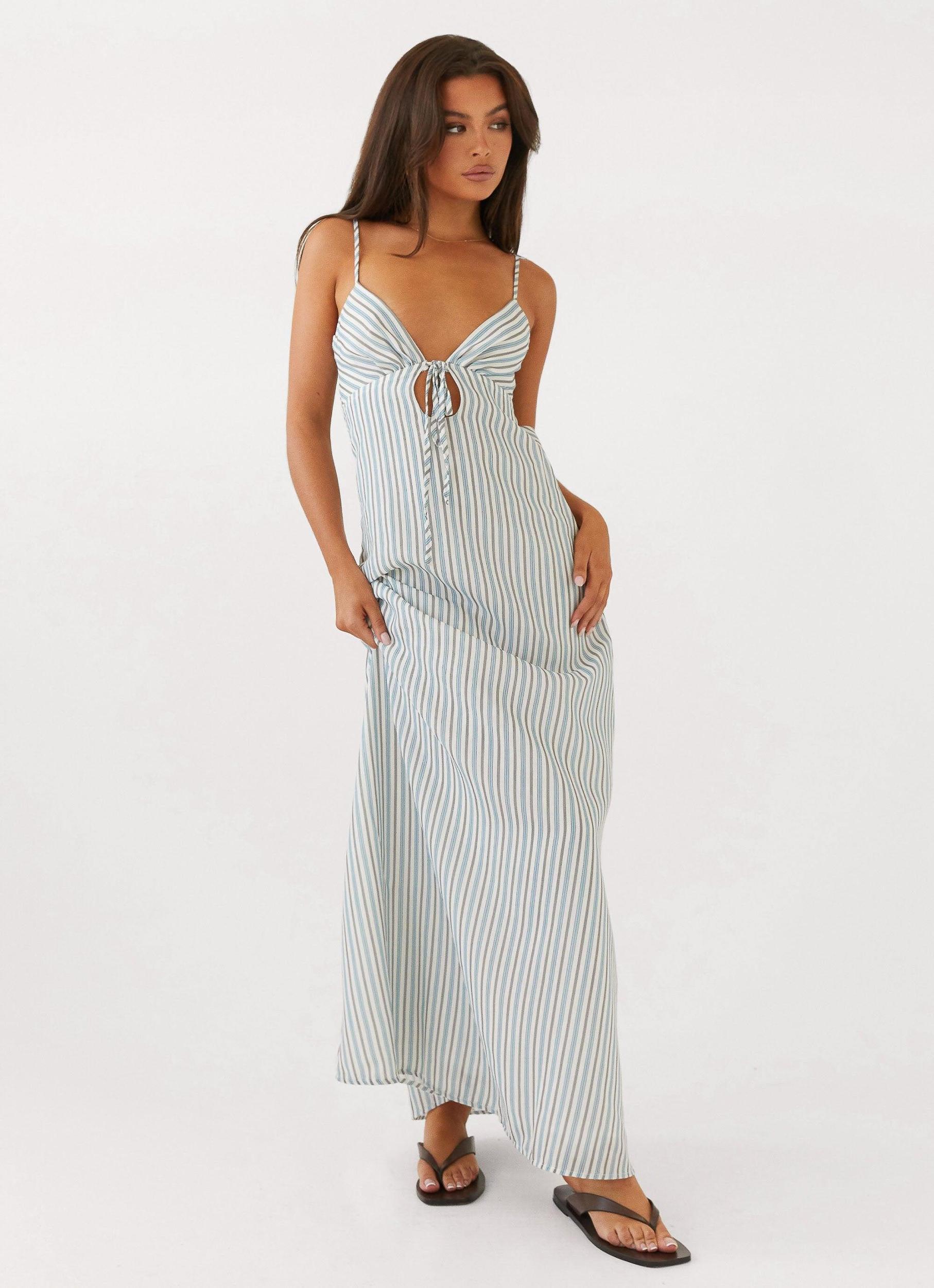 Flora Linen Maxi Dress - Blue Choc Stripe Product Image