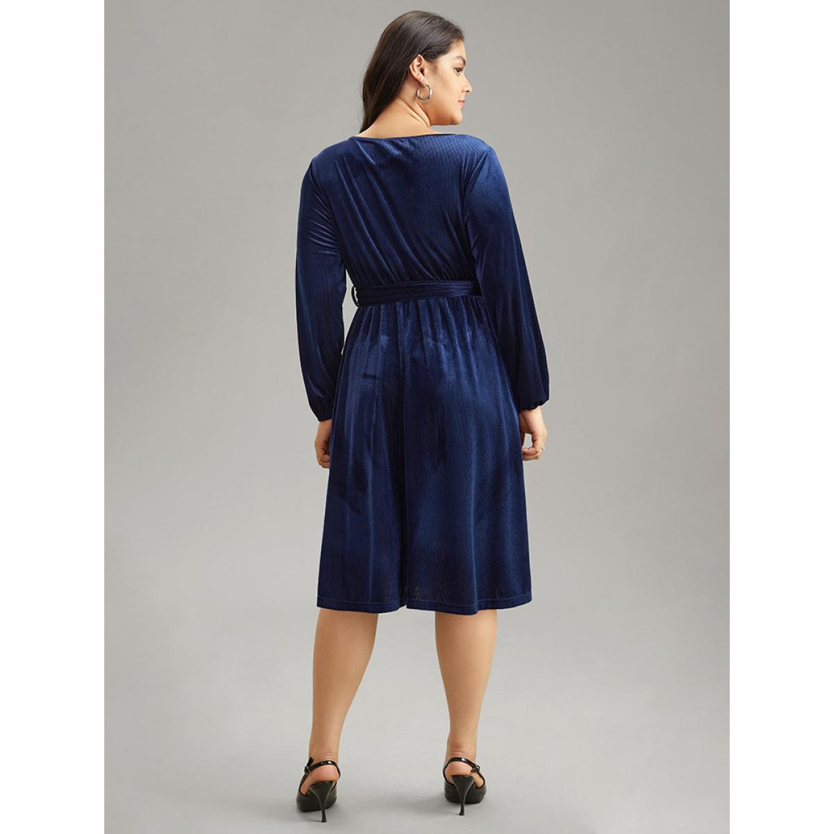 Plus Size Plain Half Zip Belted Pocket Corduroy Dress Indigo Women Office Velvet Round Neck Long Sleeve Curvy Midi Dress BloomChic 18-20/2X Product Image