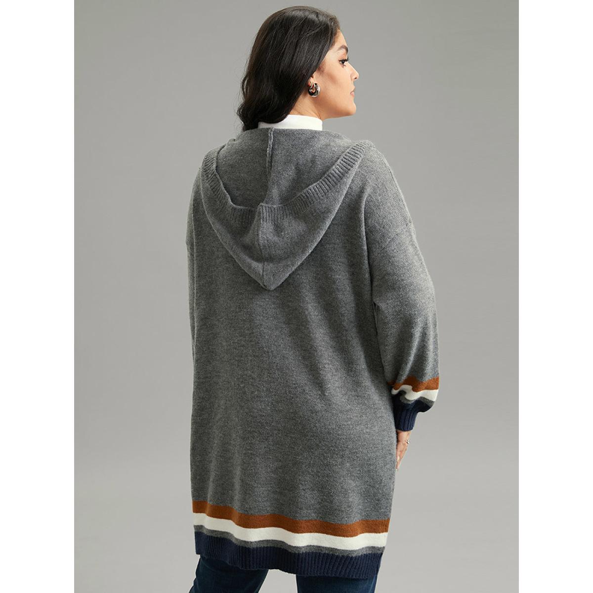 Plus Size Supersoft Essentials Striped Contrast Pocket Hooded Cardigan DimGray Women Casual Loose Long Sleeve Dailywear Cardigans BloomChic 22-24/3X Product Image