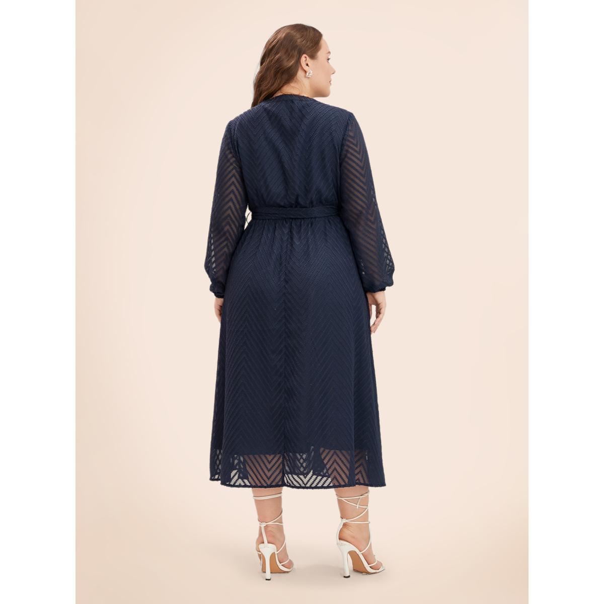 Plus Size Solid Geometric Pocket Mesh Lantern Sleeve Belted Dress Navy Women Office Pocket Flat collar with V-notch Short sleeve Curvy Midi Dress BloomChic 22-24/3X Product Image