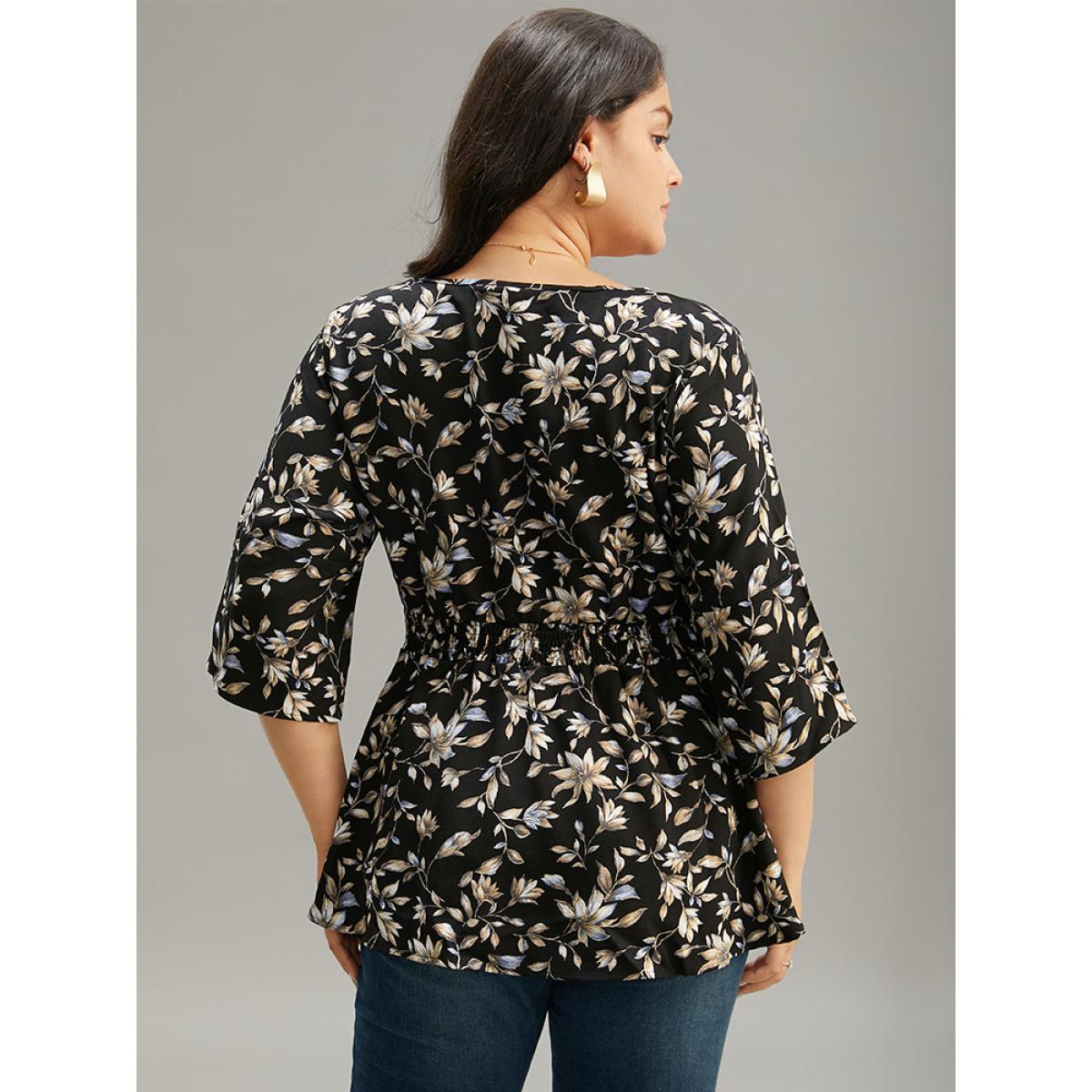 Plus Size BlackFlower Floral Print Shirred Button Detail V Neck Petal Sleeve Blouse Women Vacation Half Sleeve V-neck Dailywear Blouses BloomChic 28/5X Product Image