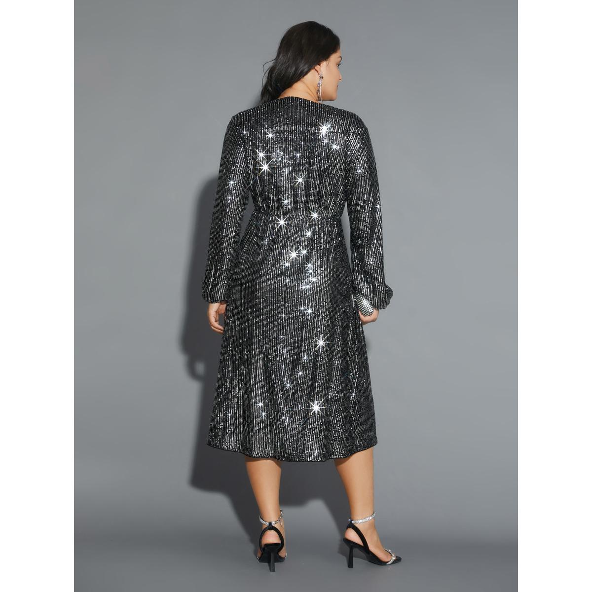 Plus Size Solid Pocket Lantern Sleeve Wrap Sequin Dress Silver Women Party Pocket Overlap Collar Long Sleeve Curvy Midi Dress BloomChic 18-20/2X Product Image