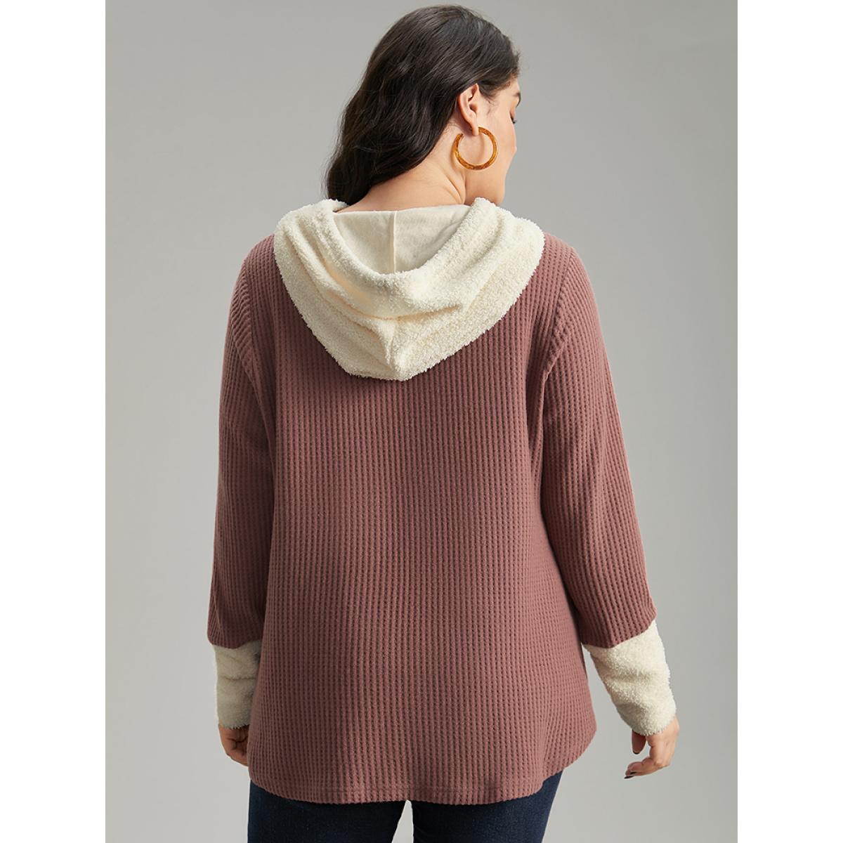 Plus Size Waffle Knit Pocket Hooded Patchwork Sweatshirt Women DustyPink Casual Waffle Knit Hooded Everyday Sweatshirts BloomChic 14-16/1X Product Image