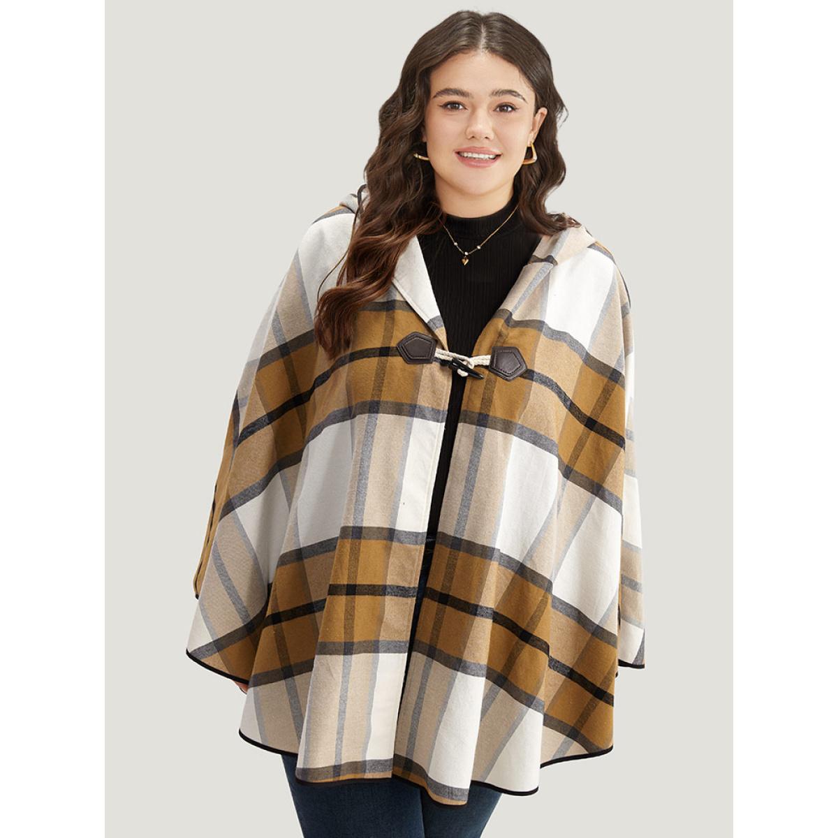 Plus Size Plaid Duffle Button Hooded Cape Coat Women Bronze Casual Button Loose Ladies Dailywear Winter Coats BloomChic 10/M Product Image