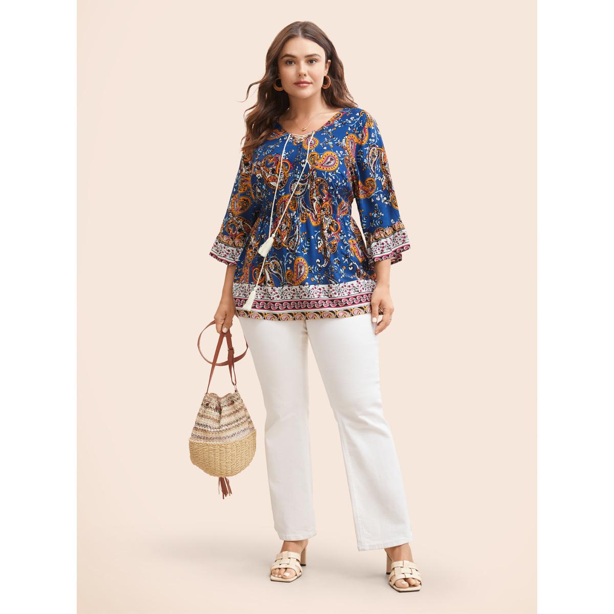 Plus Size DarkBlue Boho Print Tie Knot Tassels Crisscross Blouse Women Boho Elbow-length sleeve V-neck Vacation Blouses BloomChic 26/4X Product Image