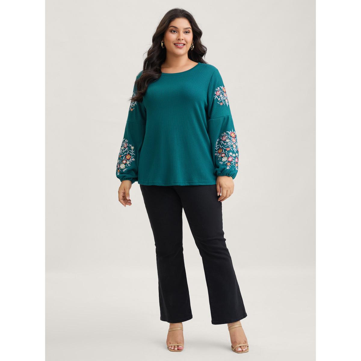 Plus Size Waffle Knit Floral Embroidered Lantern Sleeve T-shirt Cyan Women Leisure Texture Floral Round Neck Casual T-shirts BloomChic 30/6X Product Image
