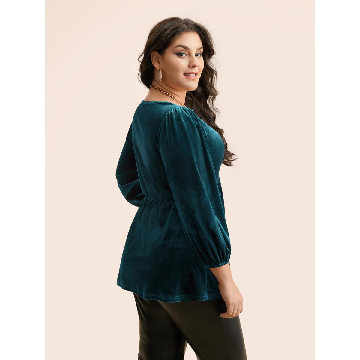 Plus Size DarkGreen Velvet Heart Neckline Gathered Blouse Women Timeless Three Quarter Length Sleeve Heart neckline Elegant Blouses BloomChic 10/M Product Image