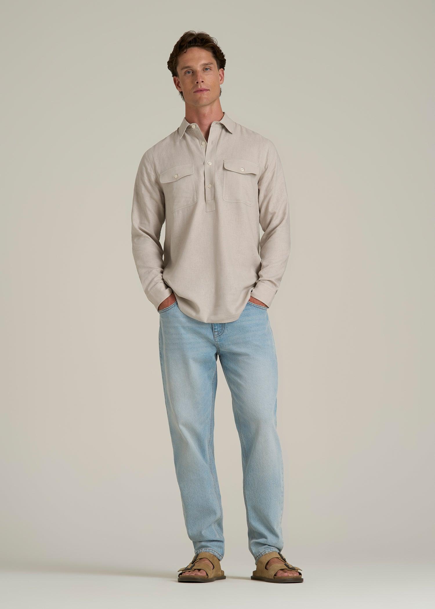 Linen Popover Shirt for Tall Men in Light Taupe Male Product Image