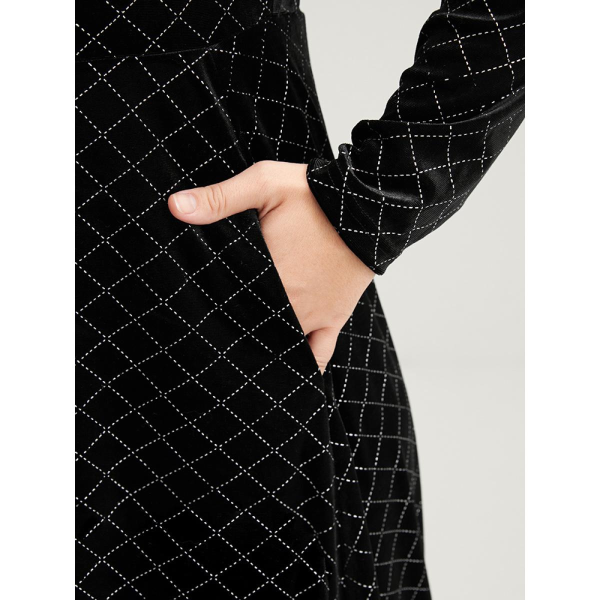 Plus Size Plaid Glitter Mesh Insert Pocket Velvet Dress Black Women Party Velvet Round Neck Long Sleeve Curvy Midi Dress BloomChic 30/6X Product Image
