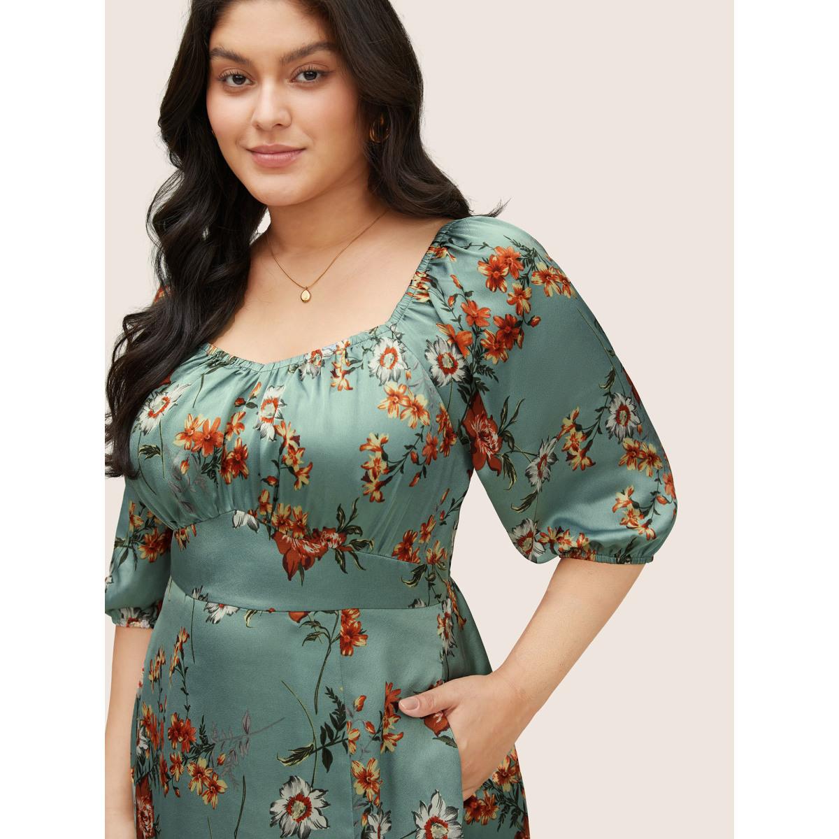 Plus Size Floral Elastic Waist Gathered Split Front Dress Mint Women Elegant Non Square Neck Elbow-length sleeve Curvy Midi Dress BloomChic 14-16/1X Product Image