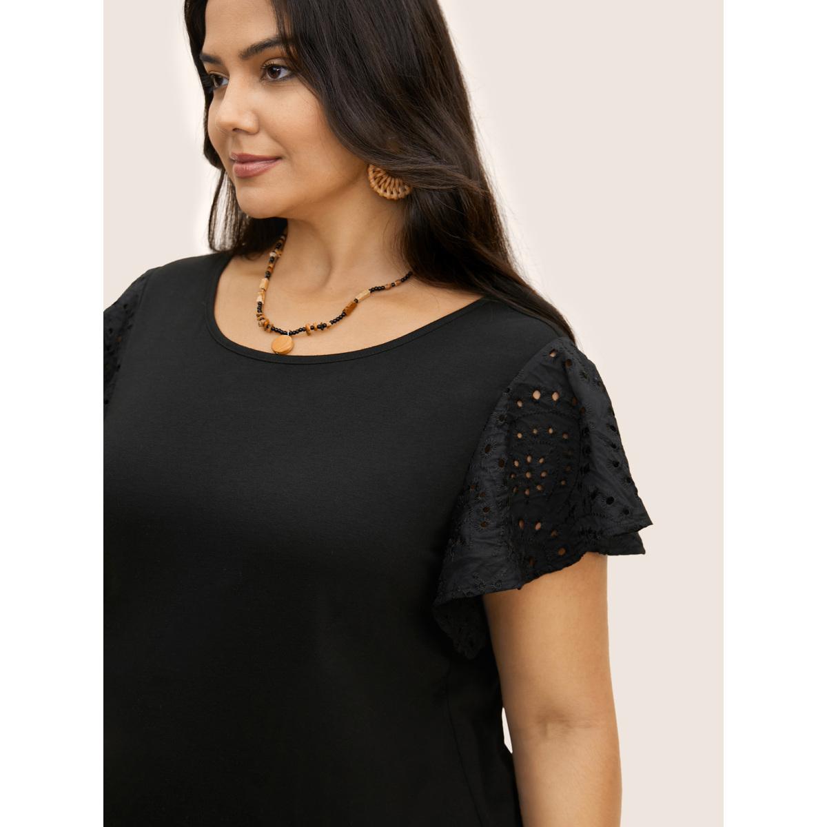 Plus Size Solid Broderie Anglaise Ruffle Cap Sleeve T-shirt Black Women Resort Cut-Out Round Neck Vacation T-shirts BloomChic 22-24/3X Product Image