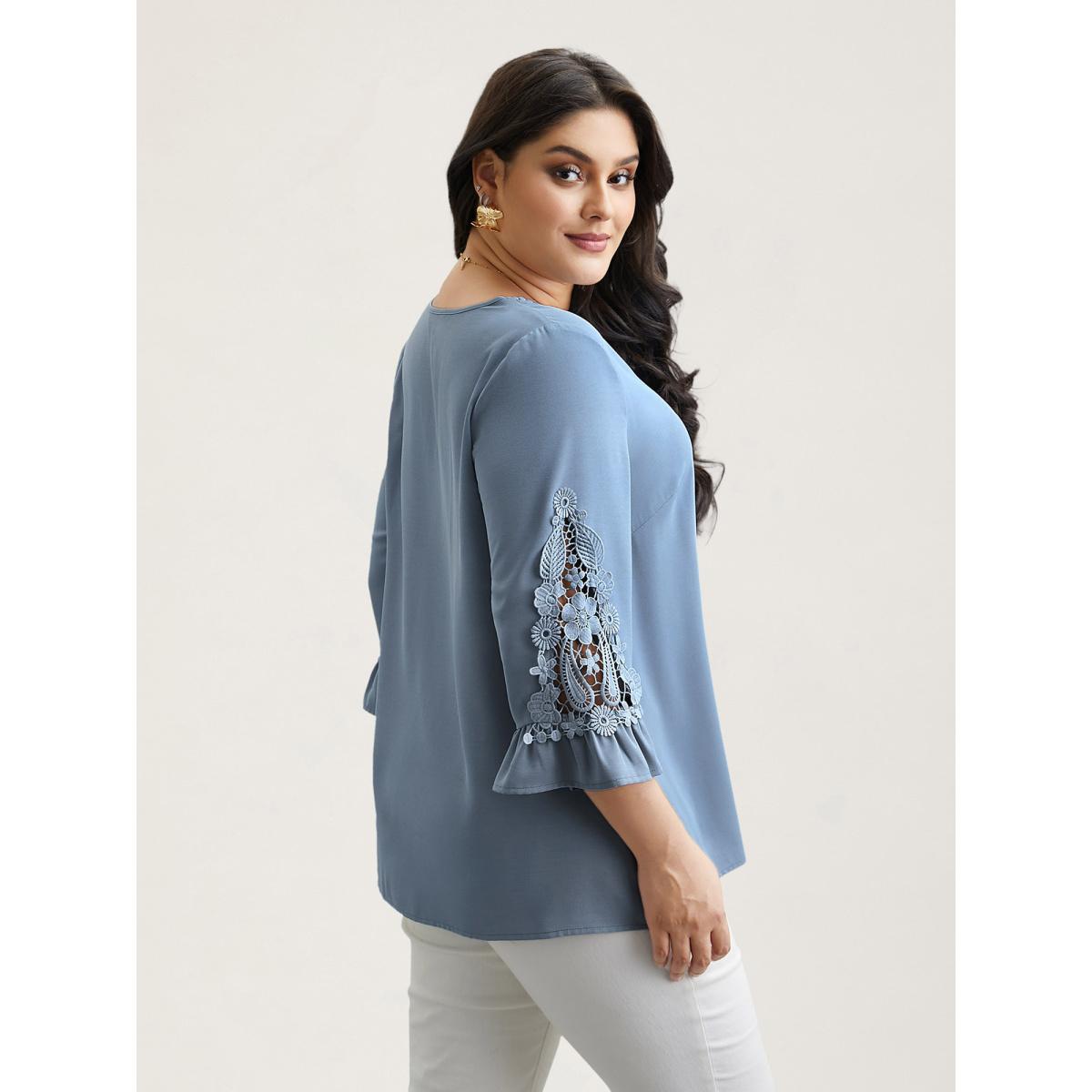 Plus Size Stone Lace Patchwork Ruffled V-Neck Blouse Women Timeless Elbow-length sleeve V-neck Elegant Blouses BloomChic 28/5X Product Image