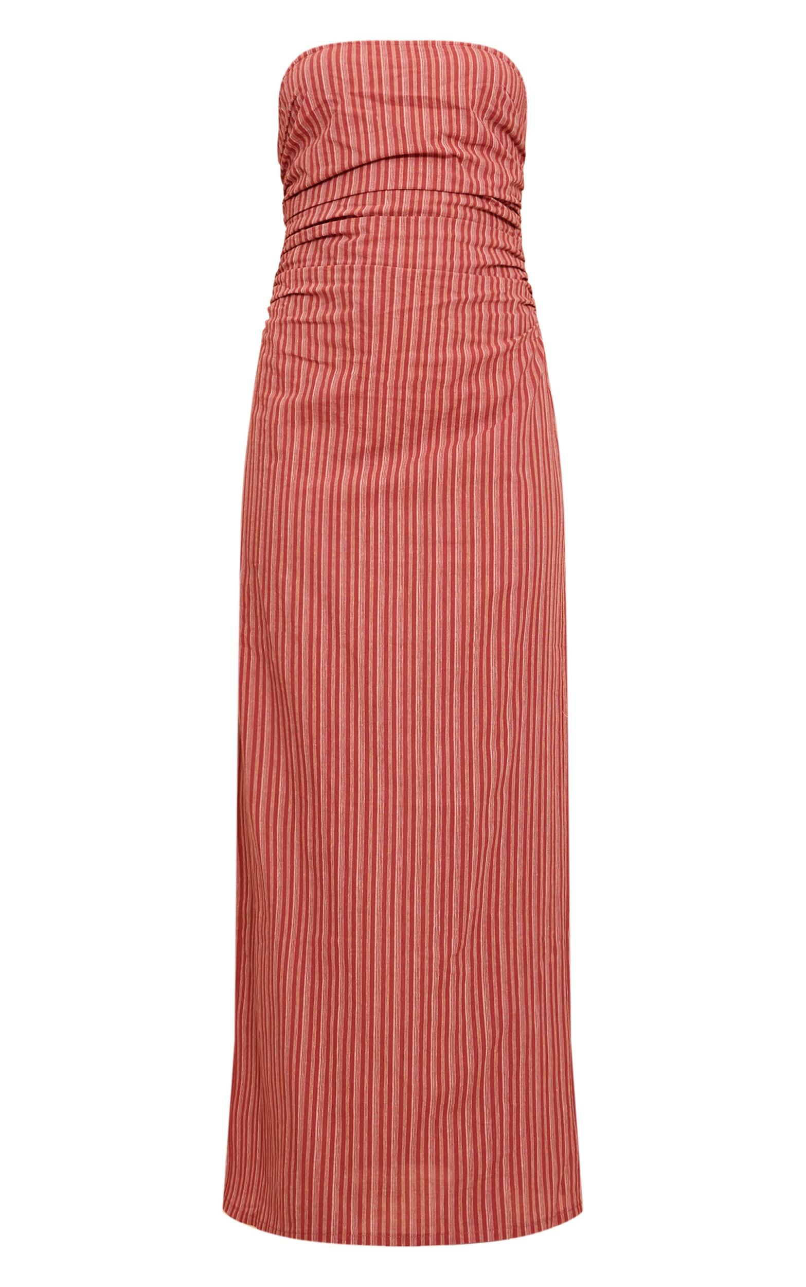 Rust Striped Bandeau Ruched Shift Dress Product Image
