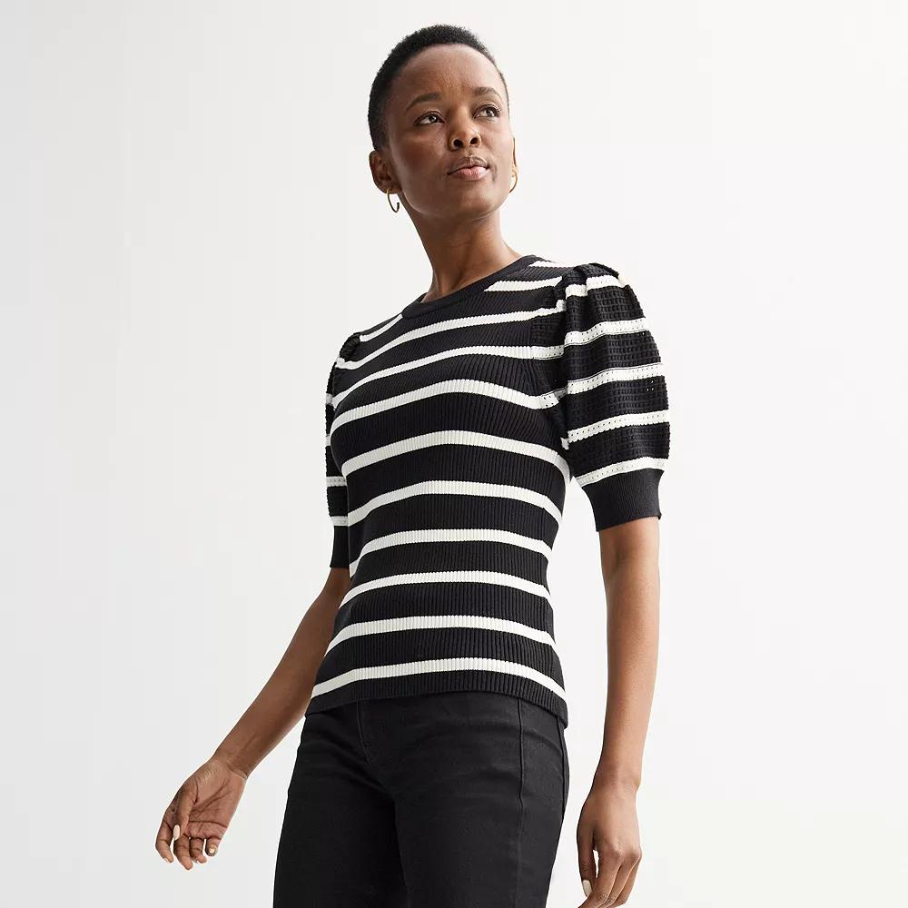 Women's Nine West Open Stitch Elbow Sleeve Sweater Tee, Size: XXL, White Black Product Image