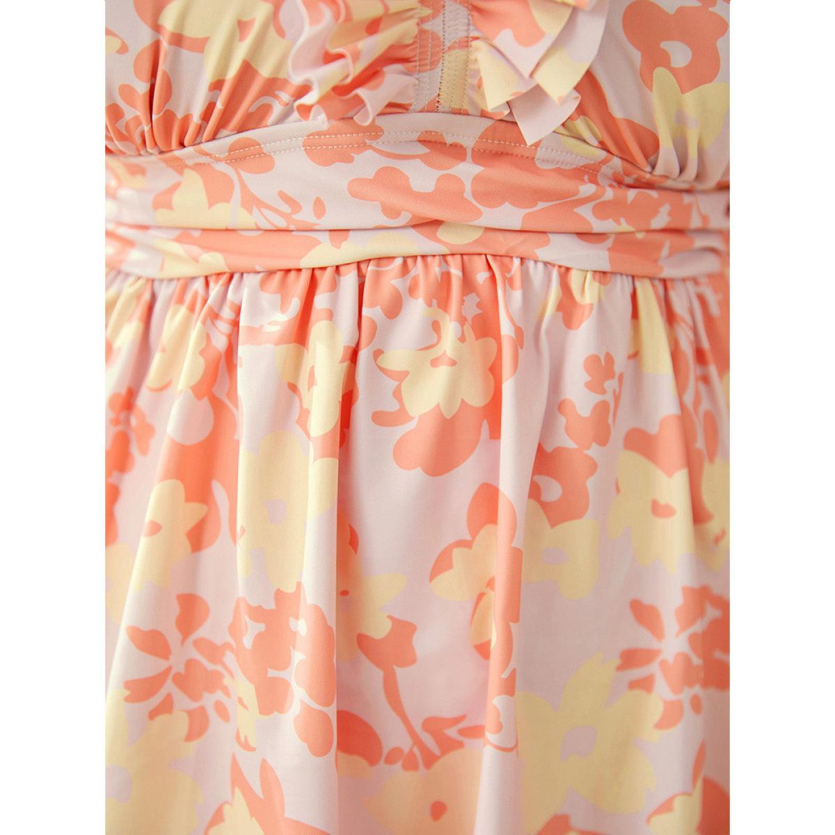 Plus Size Floral Ruched Detail Ruffles Tiered Trim Swim Dress Women's Swimwear Coral Vacation Bodycon V-neck High stretch Curve Swim Dresses BloomChic 10/M Product Image