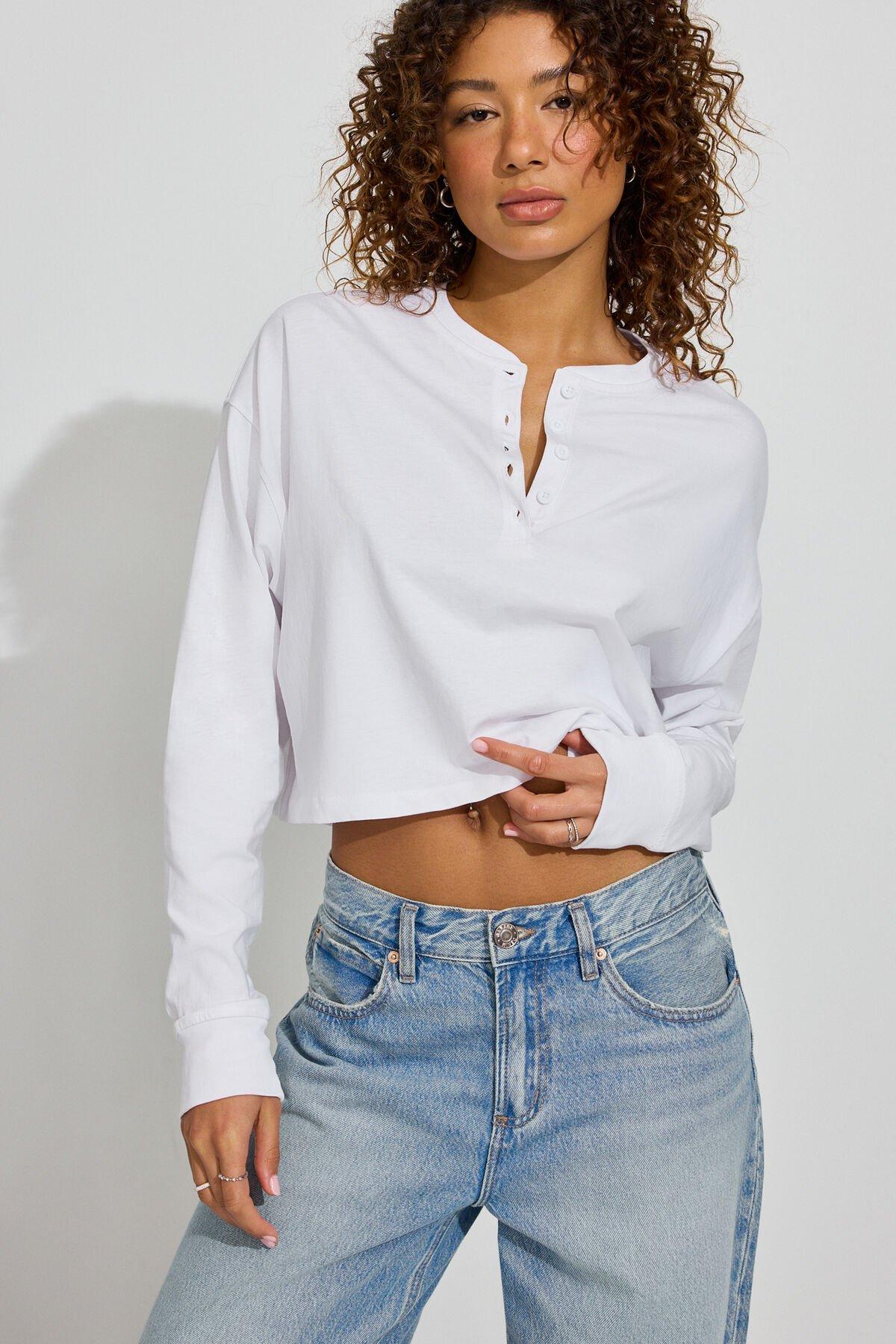 Oversized Henley Long Sleeve Top Product Image