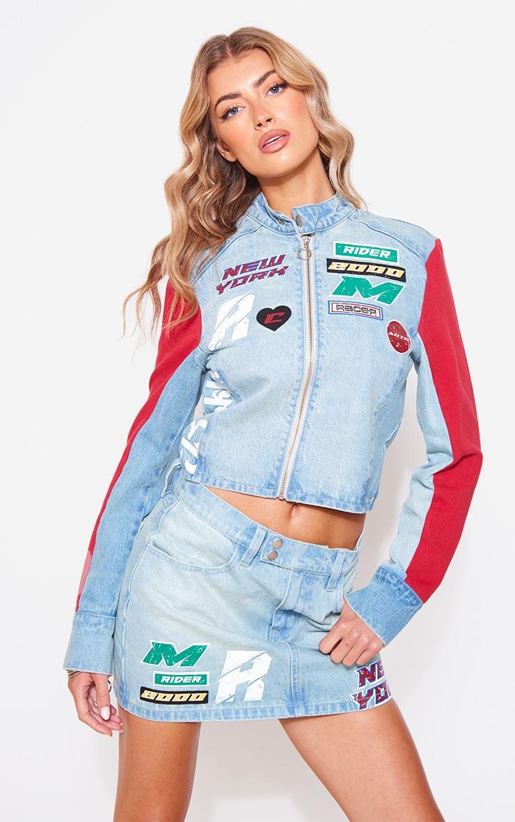 Light Blue Wash Racer Graphic Denim Mini Skirt Product Image