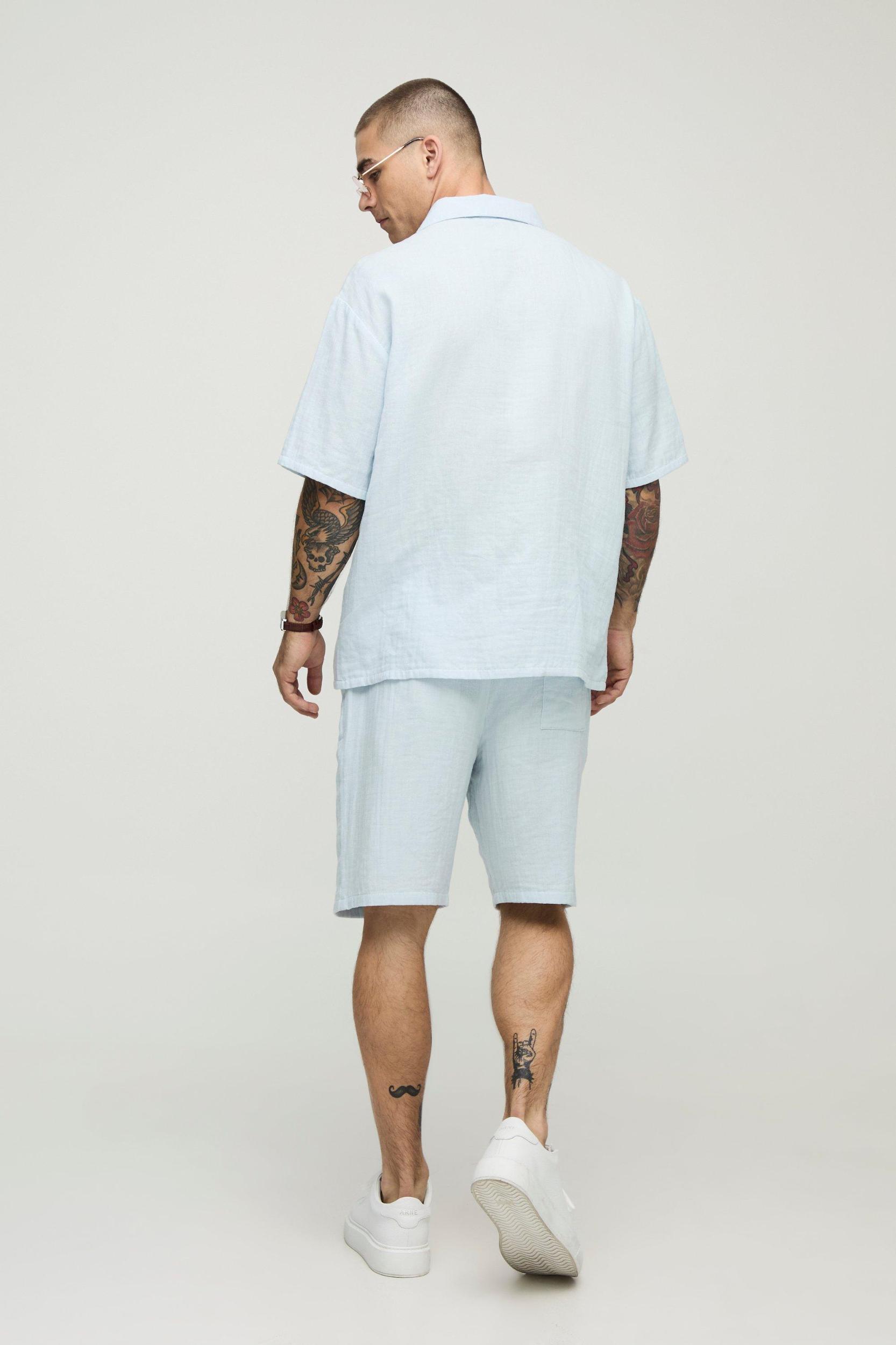 Oversized Cheesecloth Revere Shirt & Relaxed Short Set | boohooMAN USA Product Image