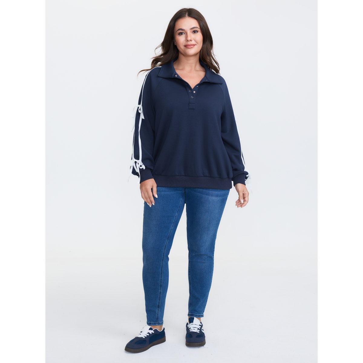 Plus Size Supersoft Ribbon Detail Contrast Sweatshirt Women Navy Leisure Woven ribbon&lace trim Turtleneck Casual Sweatshirts BloomChic 28/5X Product Image