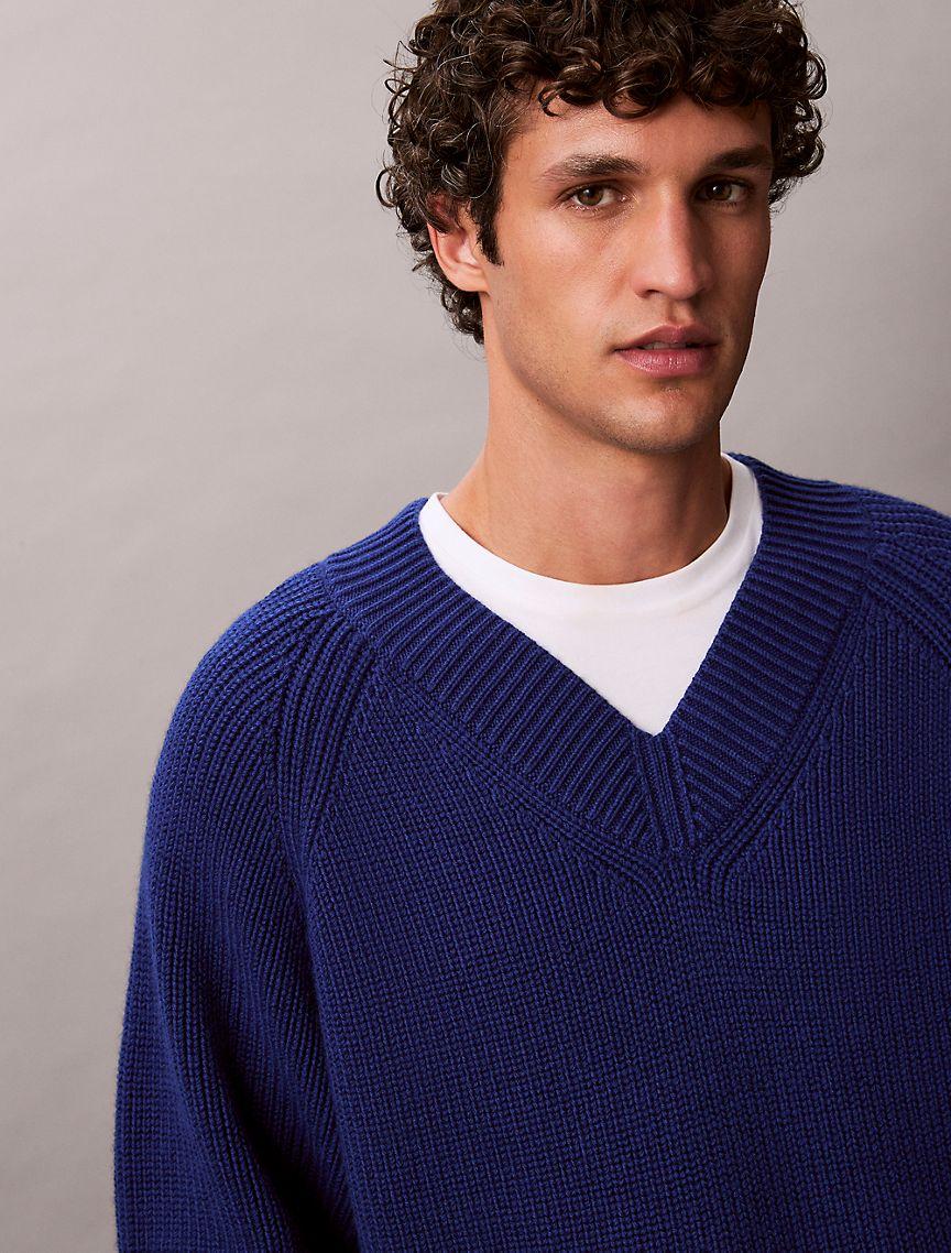 Merino Wool Blend Relaxed V-Neck Sweater Product Image