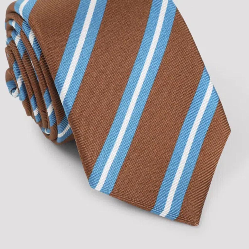 KITON Brown Silk Tie With White And Blue Stripes Product Image