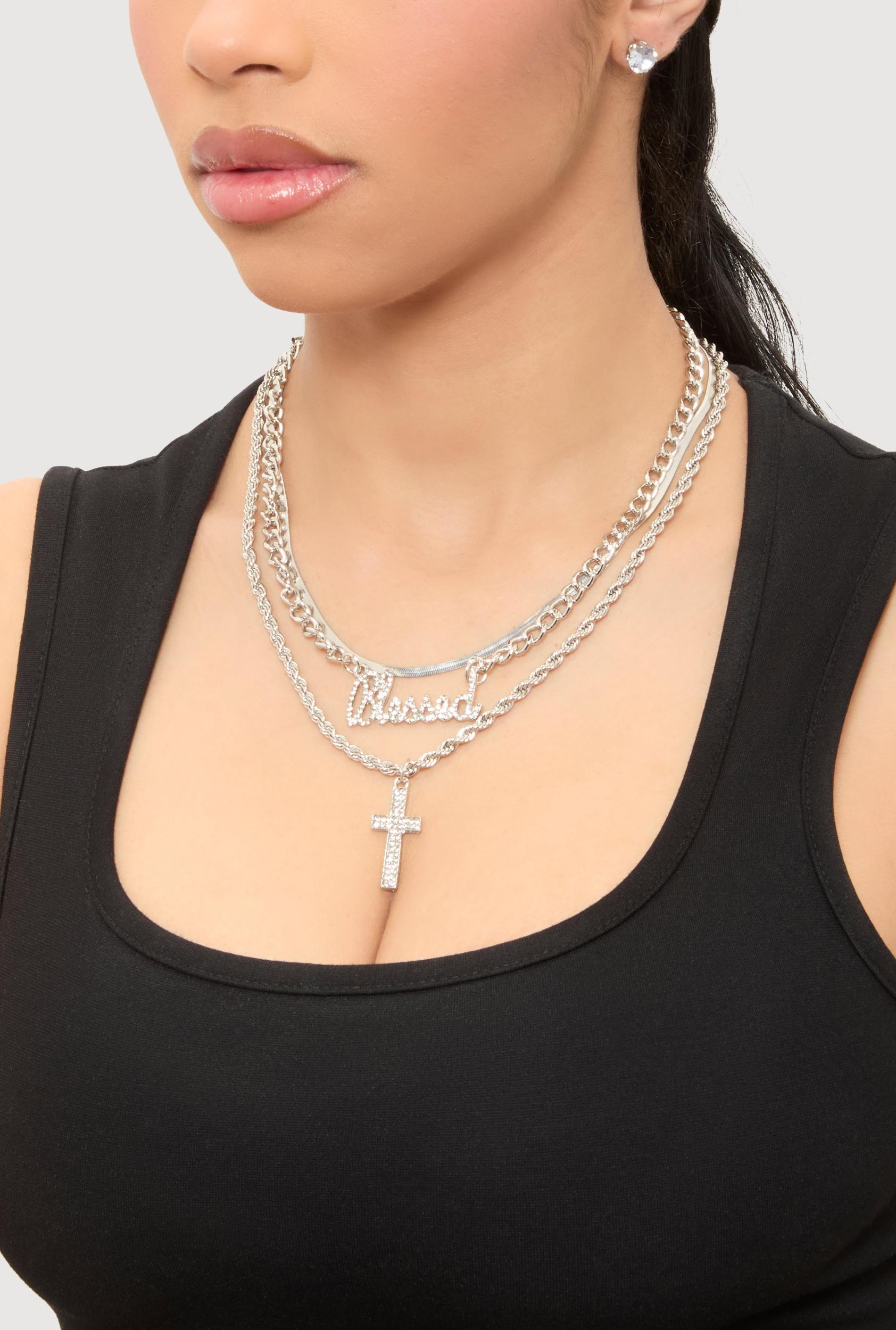 Blessed Cross Layered Necklace with Stud Earring Trio Set Unisex Product Image