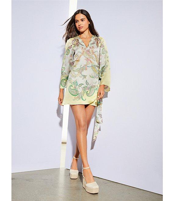Gianni Bini Jenni Paisley Printed Satin V-Neck Long Sleeve Mini Wrap Dress Product Image