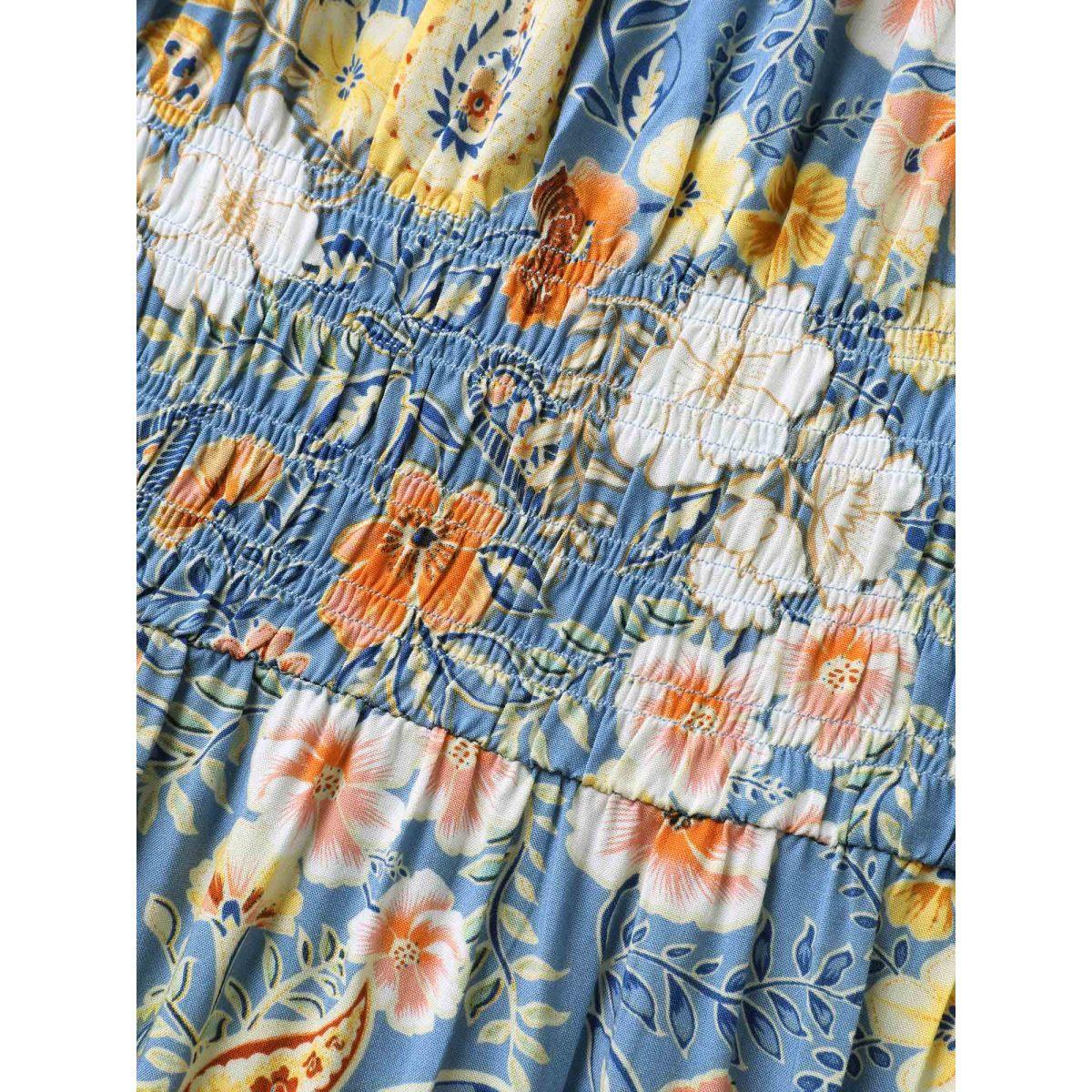 Plus Size Rayon Paisley Ruffled Shirred Waist Midi Dress Skyblue Women Boho Square Neck Short sleeve Curvy BloomChic 22-24/3X Product Image