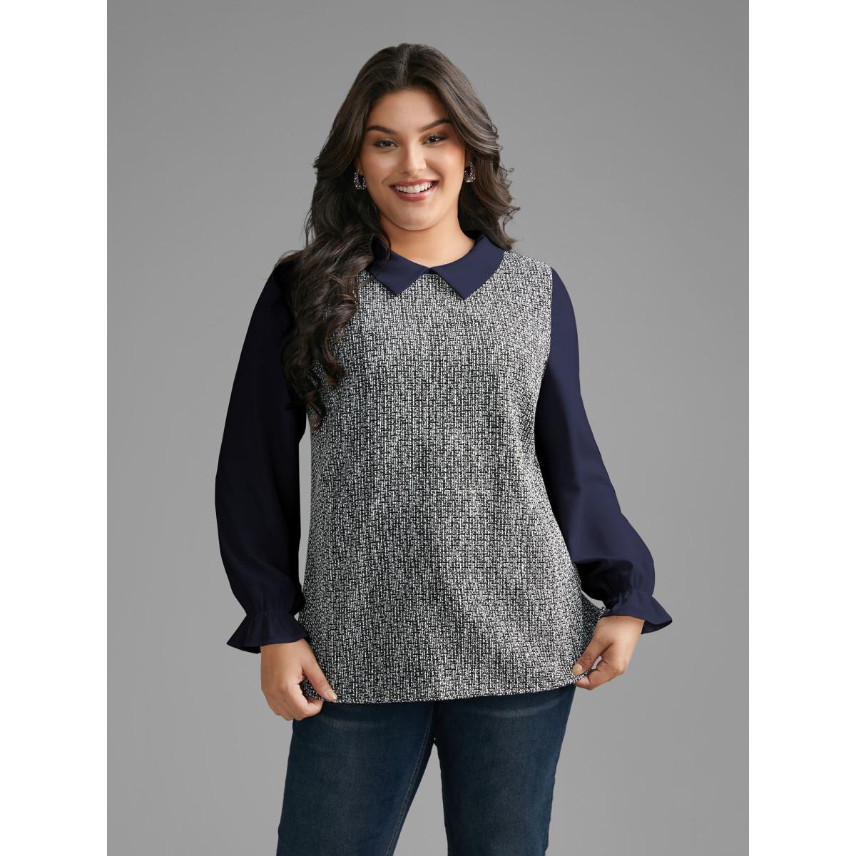 Plus Size Indigo Tweed Patchwork Lantern Sleeve Blouse Women At the Office Long Sleeve Shirt collar Work Blouses BloomChic 10/M Product Image